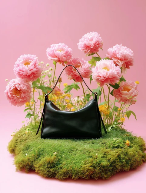 A black purse sits on green moss surrounded by pink peony flowers against a pink background in a fashion product studio shot.