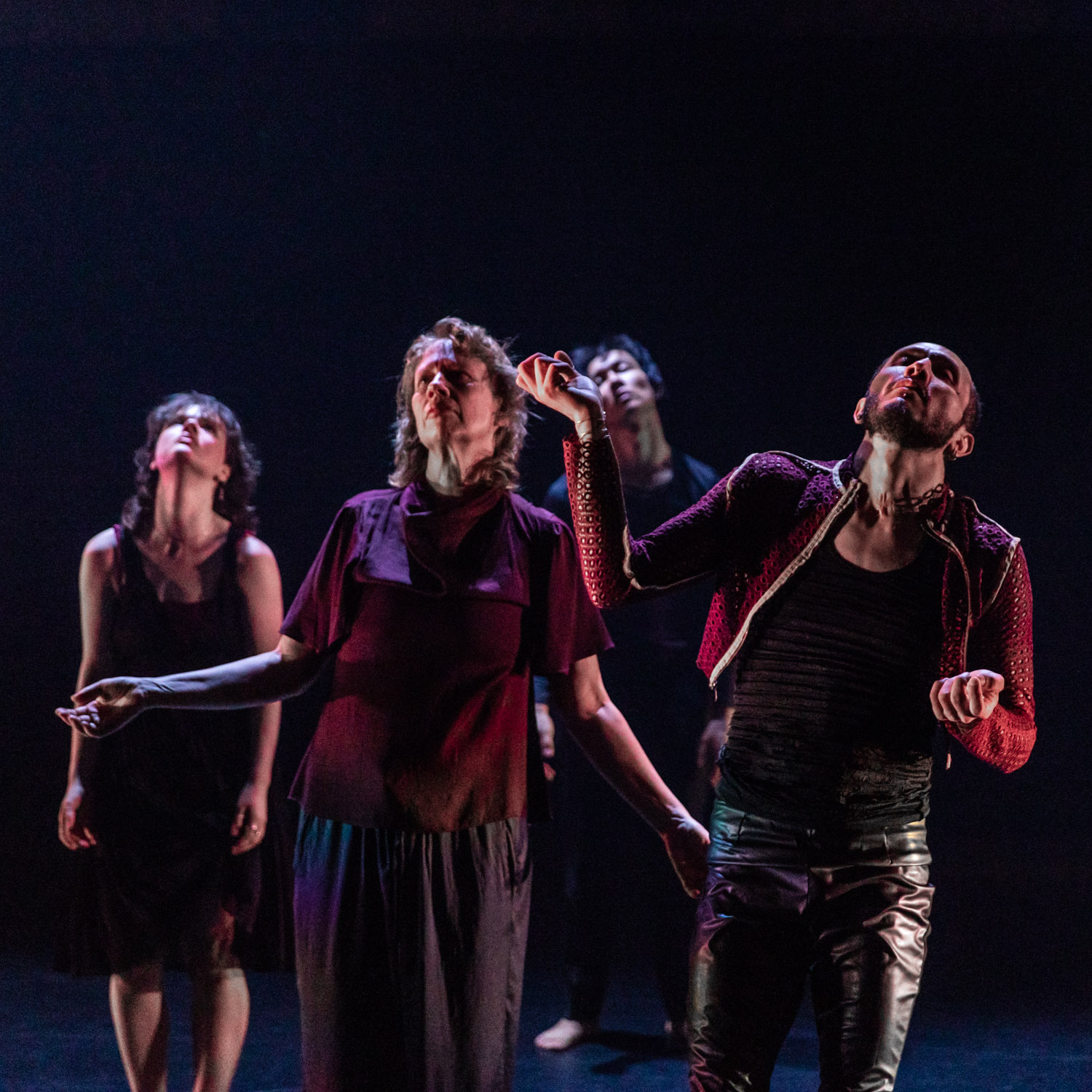 Five dancers in a dimly lit performance space look upwards. A woman in front wears a plum dress, with a male dancer in a sequined jacket.