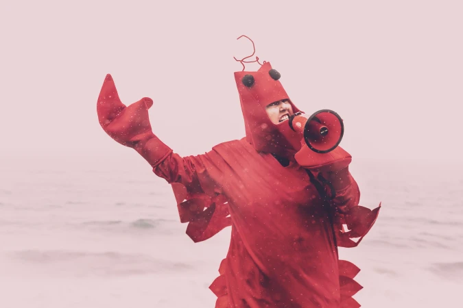 Person in lobster costume speaks into a red megaphone on a beach against a pink sky, creating a surreal and striking image.
