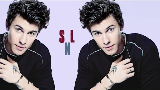Portrait of Shawn Mendes with black shirt and tattoo. Digital image with two photos, combined by graphic letters and light purple background.