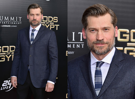 Nikolaj Coster-Waldau attends the premiere of the film 'Gods of Egypt' wearing a dark suit with patterned tie on the red carpet.
