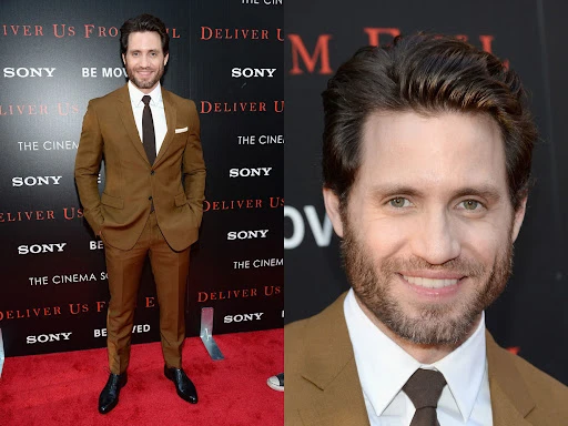 Man in brown suit posing on red carpet for movie premiere. Full shot and headshot side-by-side. Movie title, “Deliver Us From Evil” in background.