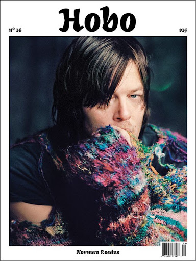 Magazine cover featuring Norman Reedus wearing a colorful knitted garment, with the title 'Hobo' in bold letters.