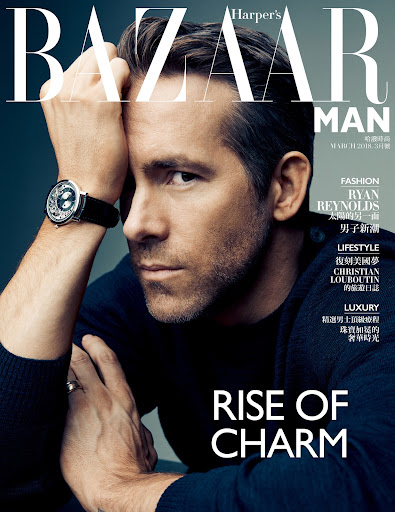 Ryan Reynolds poses on Harper's Bazaar Man cover, wearing a watch, with text overlay. Magazine cover featuring celebrity. Close-up shot.