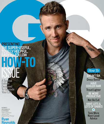Ryan Reynolds on a GQ magazine cover. He is wearing a gray t-shirt and olive jacket, with the GQ logo in the background. 