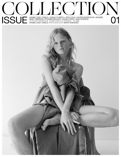 Black and white studio portrait of a blonde fashion model posing with draped fabric for a 'Collection' magazine cover, issue 01.
