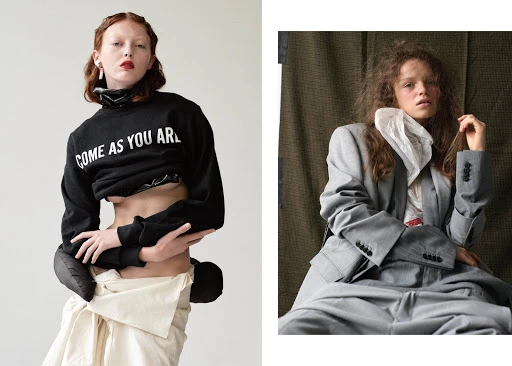 Two portraits display women in expressive fashion. One wears a black sweatshirt with text, the other a gray suit against a textured backdrop.