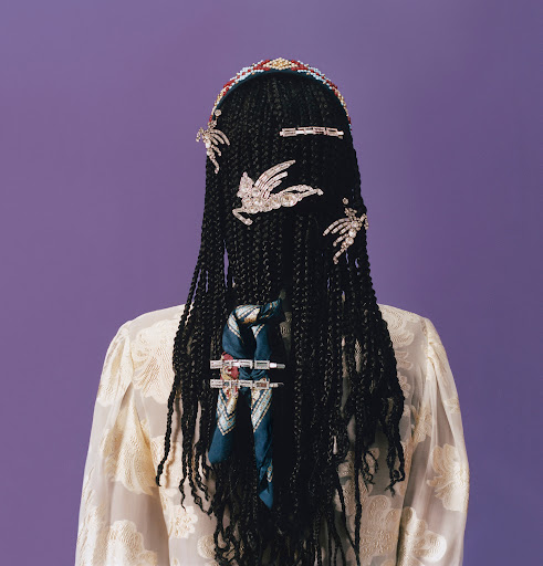 Woman with dark braided hair facing away, adorned with jeweled accessories and a patterned scarf, set against a soft purple backdrop.