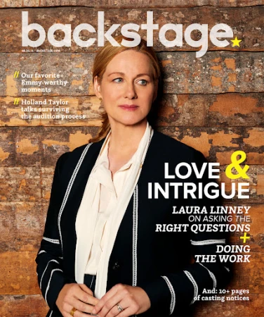 Magazine cover featuring Laura Linney in a suit and blouse, with the publication name 'Backstage' and cover text visible against a wood backdrop.