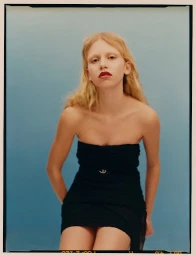 Blonde woman wearing a strapless black dress with dark red lipstick against a blue background