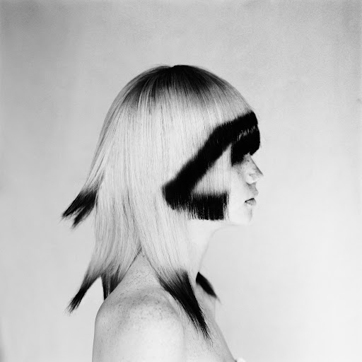 Monochrome side portrait of a woman with platinum blonde hair featuring black geometric streaks, against a light grey background.