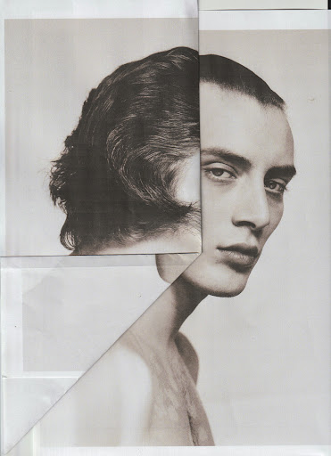 Monochrome collage of a person's face, blending two halves with different hair and features, set against a plain white background.