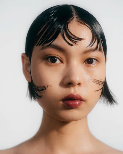 Close-up portrait of an Asian woman with dark, glossy hair styled in an avant-garde fringe, red lips, and neutral makeup against a white backdrop.