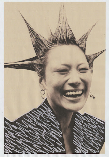 Laughing adult female with spiked hair, portrait shot. Black and white photo with white scribble effect. Dark lipstick and hoop earrings.