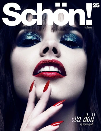 Close-up portrait of a woman with striking red lips, glittery eyeshadow, and red manicure, featured on the cover of Schön! magazine.
