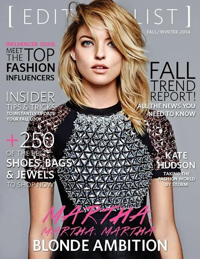 Magazine cover featuring a blonde woman with shoulder-length hair wearing a black top adorned with silver geometric embellishments.