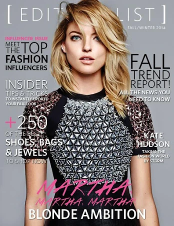 Magazine cover featuring a blonde woman with shoulder-length hair wearing a black top adorned with silver geometric embellishments.