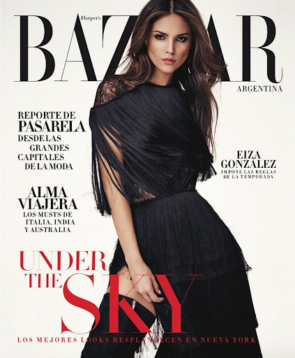 Magazine cover featuring Eiza Gonzalez in black dress and boots, Harper's Bazaar Argentina, fashion, beauty, and entertainment, studio shot.