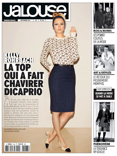 Fashion magazine cover featuring model Kelly Rohrbach in patterned sweater and skirt, posing in front of a neutral backdrop.