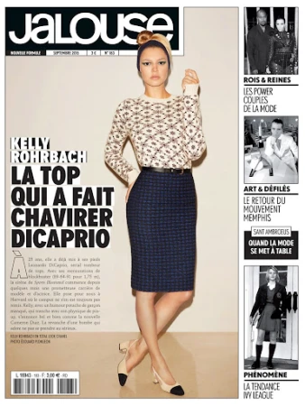 Fashion magazine cover featuring model Kelly Rohrbach in patterned sweater and skirt, posing in front of a neutral backdrop.