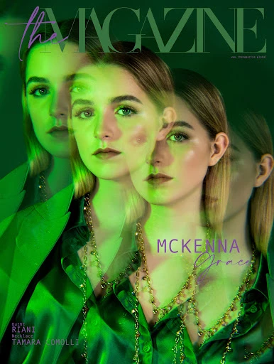 Magazine cover featuring McKenna Grace with green lighting, wearing a silky green shirt and gold beaded necklaces, with a layered effect.