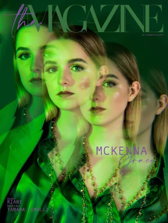Magazine cover featuring McKenna Grace with green lighting, wearing a silky green shirt and gold beaded necklaces, with a layered effect.