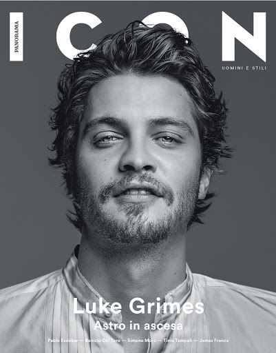 Black and white magazine cover featuring a close-up portrait of actor Luke Grimes. The magazine title, ICON, is in large white font.