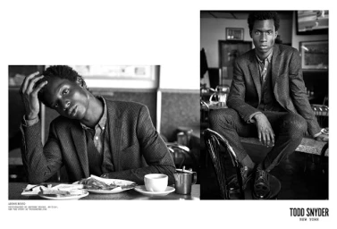 Black and white editorial diptych of a Black man in a tailored suit sitting in a diner with a cup of coffee.