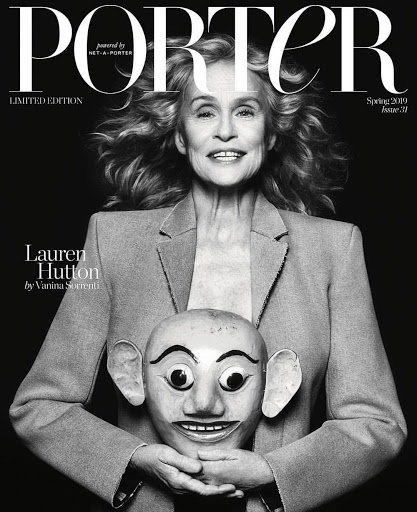 Black and white magazine cover featuring an adult woman in a blazer holding a mask, with the title PORTER and other text.