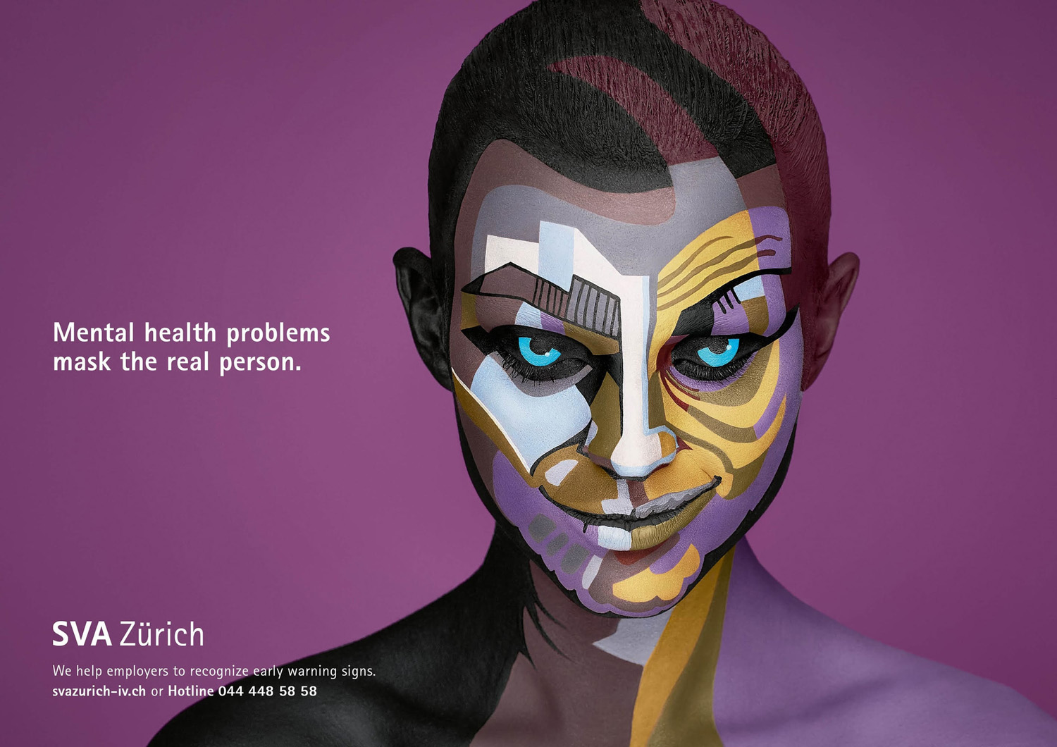 Portrait of a woman with colorful face paint in shades of gray, purple, yellow and white against a purple backdrop, promoting mental health.