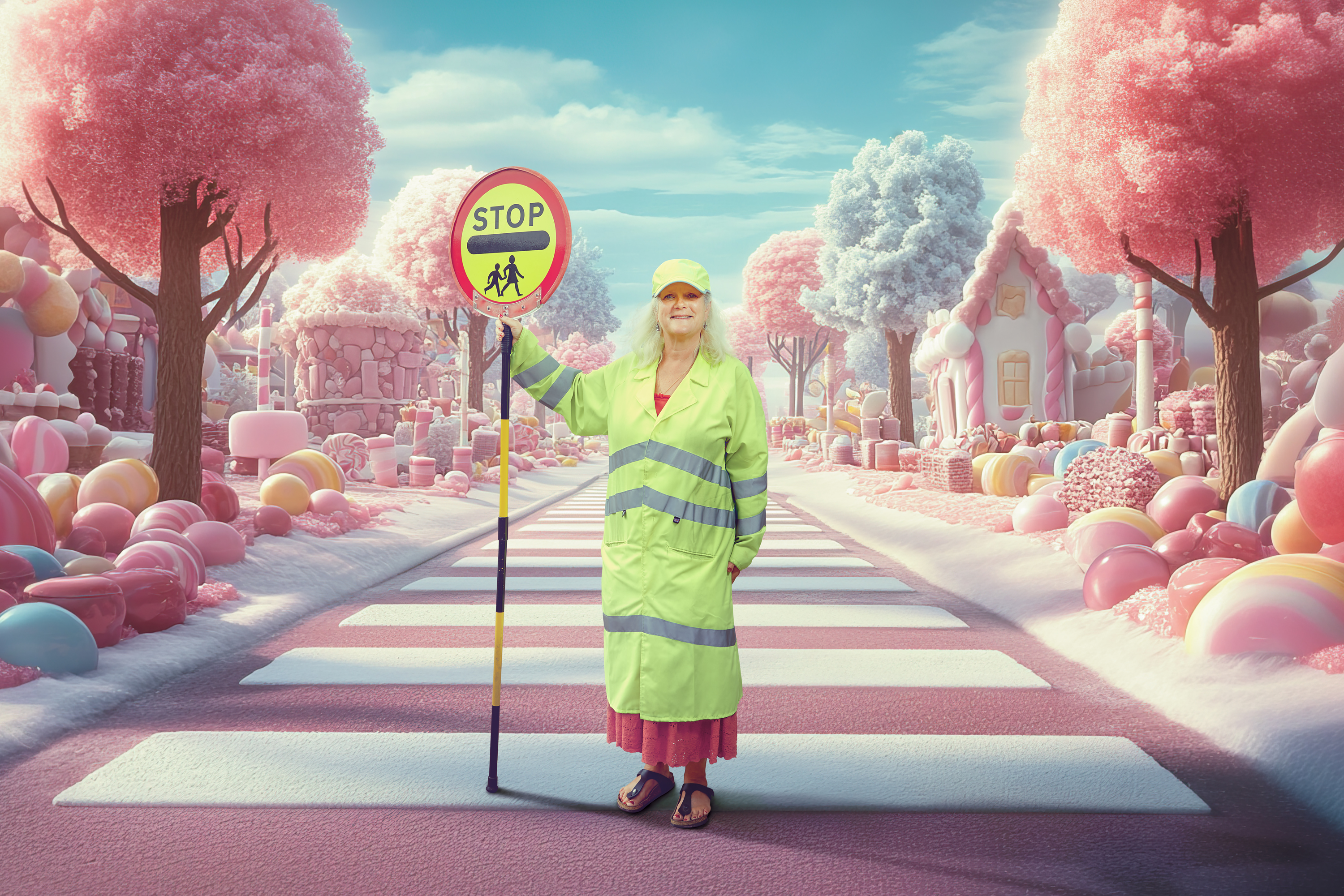 Woman holds school crossing stop sign in candy land with pink trees, gingerbread houses, and a striped crosswalk. 