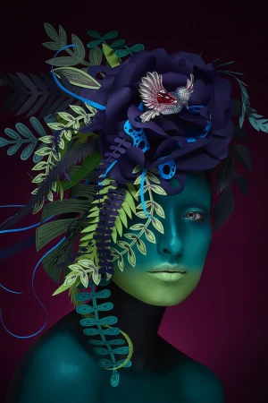 A woman with blue and green body paint wearing a floral headpiece with a hummingbird brooch in a studio setting, creative portrait.