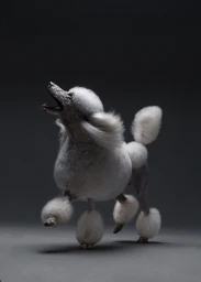 A groomed white poodle barking with head raised in mid-motion against a dark grey studio background.