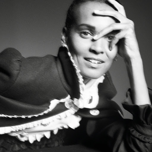 Portrait of a woman with a hand on her forehead, wearing a formal jacket with a ruffled collar against a neutral grey backdrop.