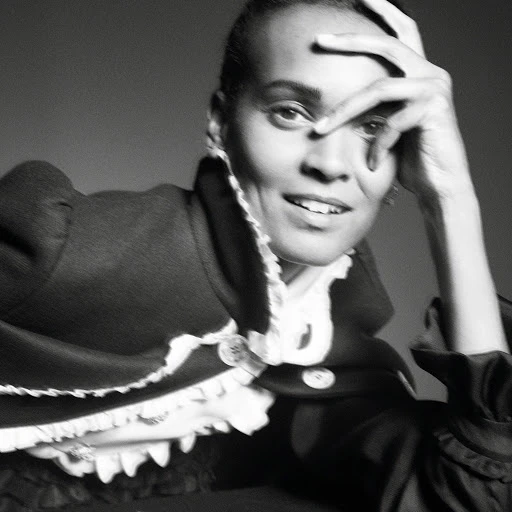 Portrait of a woman with a hand on her forehead, wearing a formal jacket with a ruffled collar against a neutral grey backdrop.