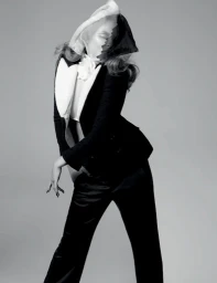 Model wearing a black tuxedo jacket with white lapels and dark trousers posing against a grey seamless backdrop