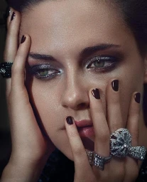 Close-up portrait of Kristen Stewart with dark polished nails, smoky metallic eye makeup, and ornate diamond statement rings.