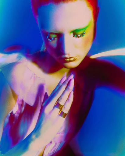 A close-up studio portrait of a woman with stylized makeup, gold lips, green eyeshadow with pearls, and hands in a prayer pose.