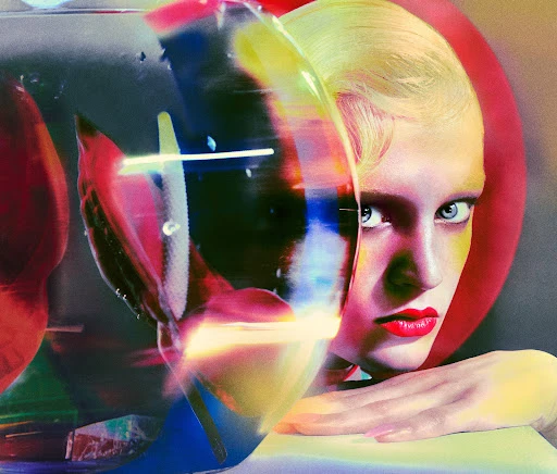 Artistic close-up of a blonde woman with red lipstick, framed by a translucent geometric object with multicolor reflections in a studio setting.