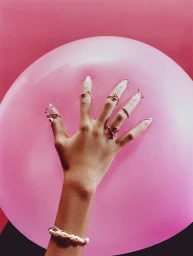 Close-up of a hand with long manicured nails and rings pressing against a large pink balloon