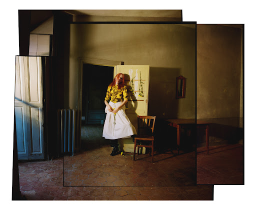 Collage style photograph of a woman with red hair wearing a yellow patterned top and white skirt standing in an interior space