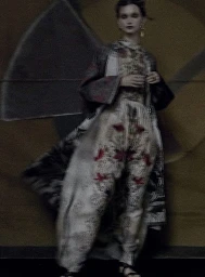 Model standing in a patterned printed coat and trousers with dark moody lighting