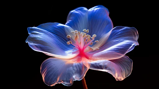 Close-up of a translucent flower with blue and pink hues, featuring delicate petals and intricate details against a black background.