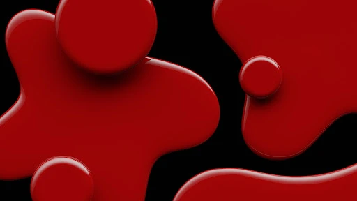 Abstract 3D rendering on black background featuring fluid-like shapes and spheres in shades of vibrant red, smooth textures, and glossy finish.