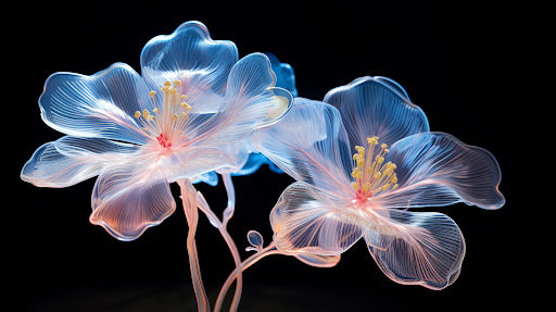 Translucent floral illustration features two light blue, glowing flowers with yellow stamens and pink centers on a black background.
