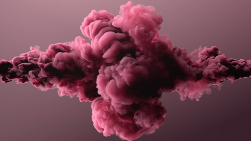 Abstract image of a smoke cloud against a graduated background, featuring plumes and billows in shades of pink and mauve.