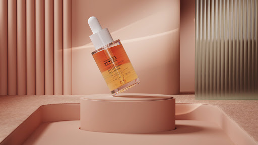 Skincare serum bottle on a pink pedestal, studio shot. Beauty product presentation with glass accents and soft, diffused lighting.