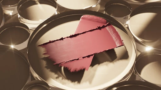 Cosmetic smear sample on clear circular pedestals, creating an abstract display with soft, diffused lighting.