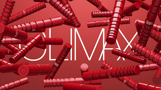 NARS Climax mascara tubes arranged on a red gradient background with the word 'CLIMAX' written in white in the center.