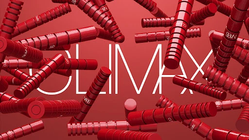 NARS Climax mascara tubes arranged on a red gradient background with the word 'CLIMAX' written in white in the center.